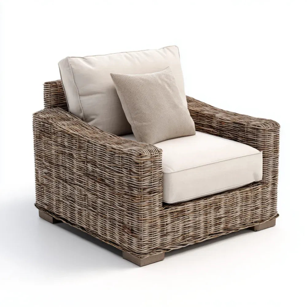 Patio Lounge Chair 85x90x70 cm - Wicker with Beige Cushion - Contemporary Design
