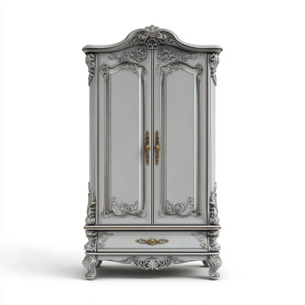 Wardrobe Wooden Carved 180x60x220 cm - Antique White - French Style